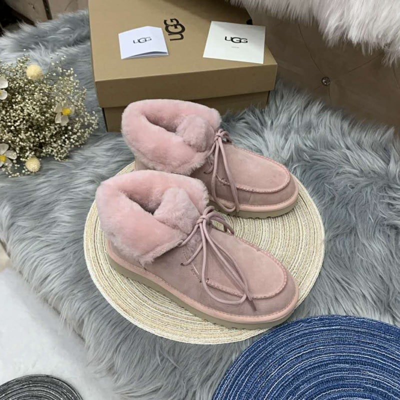 Pink Faux Fur Trim Lace-Up Ankle Boots – In Stock