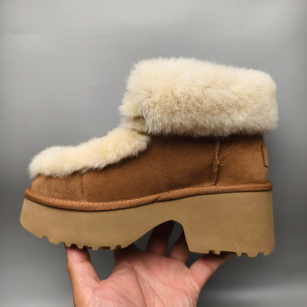 Chestnut Faux Fur Lace-Up Wedge Ankle Boots – In Stock
