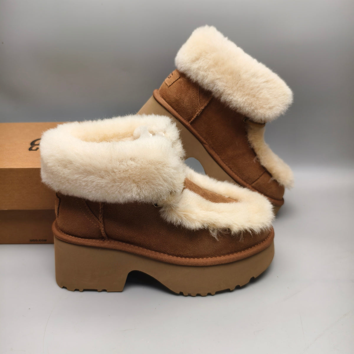 Chestnut Faux Fur Lace-Up Wedge Ankle Boots – In Stock