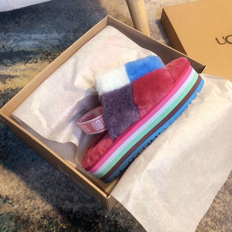 Rose Red Color-Block Platform Fluffy Sandals – In Stock