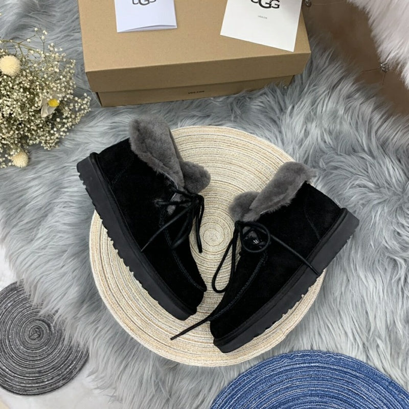 Black Faux Fur Trim Lace-Up Ankle Boots – In Stock