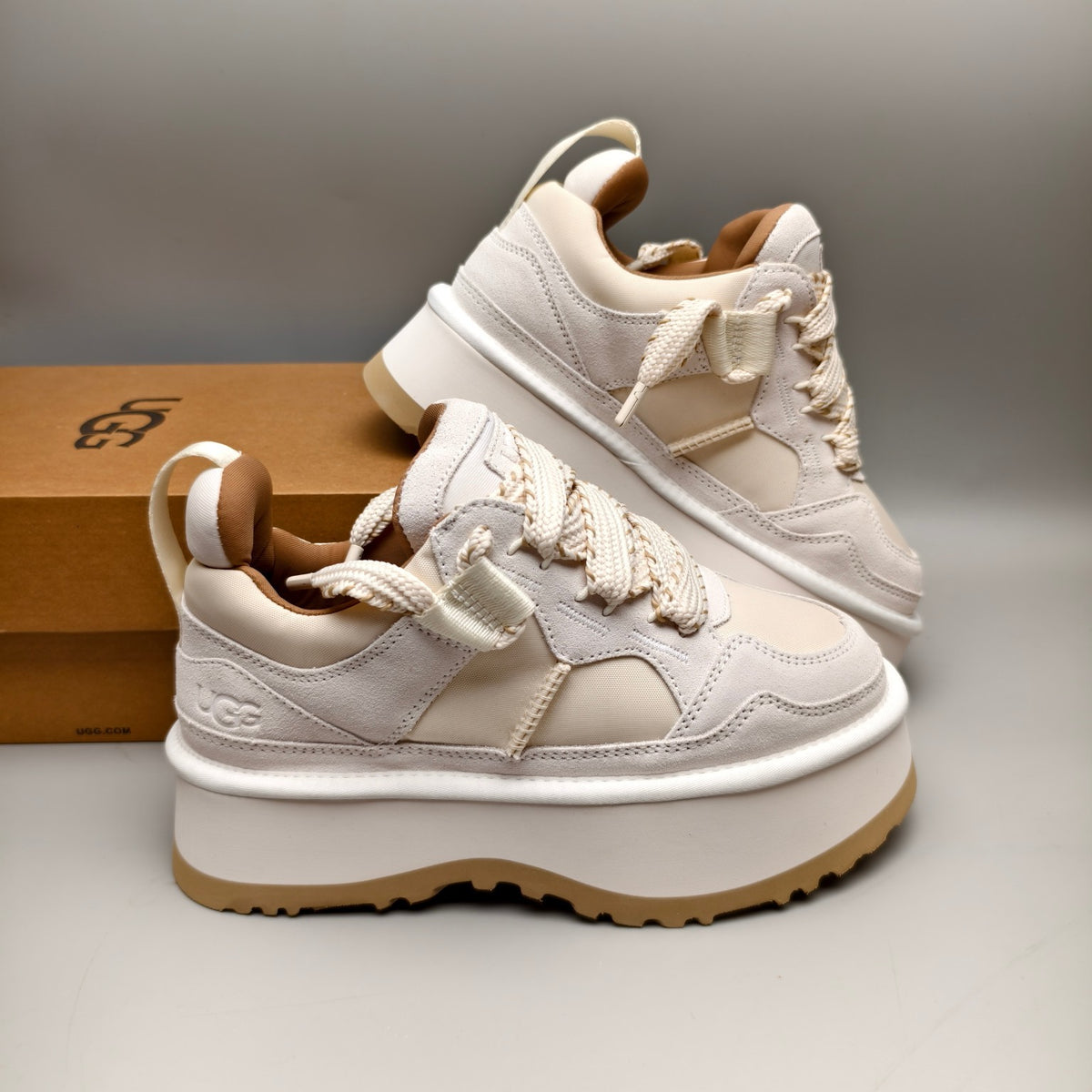 White Chunky Dad Sneakers – Lace-Up Casual, In Stock