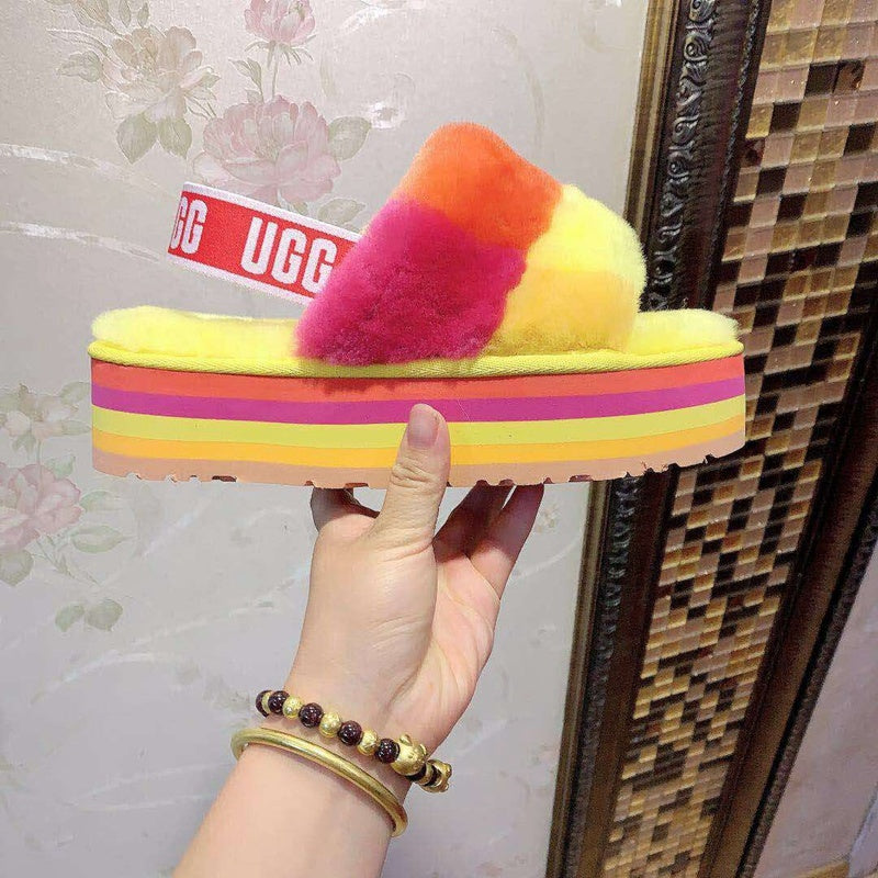 Yellow Color-Block Platform Fluffy Sandals – In Stock
