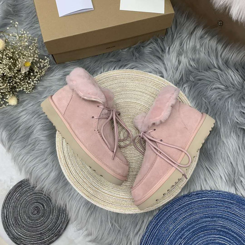 Pink Faux Fur Trim Lace-Up Ankle Boots – In Stock