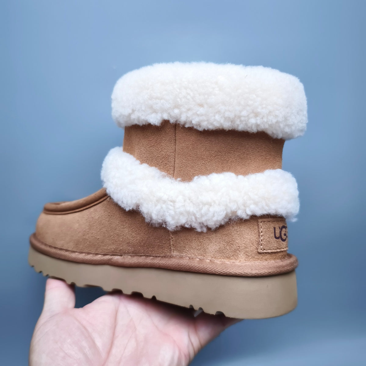 Chestnut Curly Fur Big Logo Mid-Top Trendy Boots – In Stock