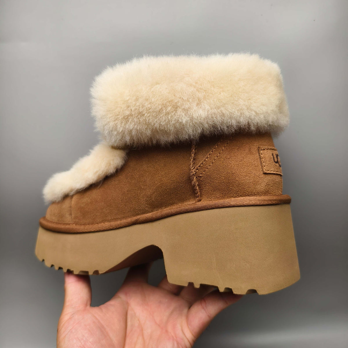 Chestnut Faux Fur Lace-Up Wedge Ankle Boots – In Stock