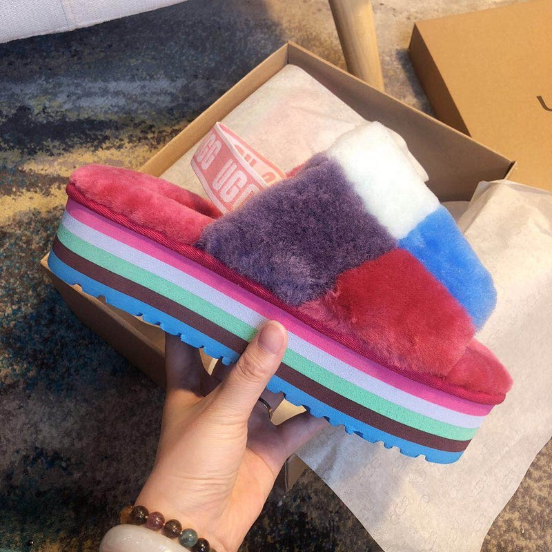Rose Red Color-Block Platform Fluffy Sandals – In Stock
