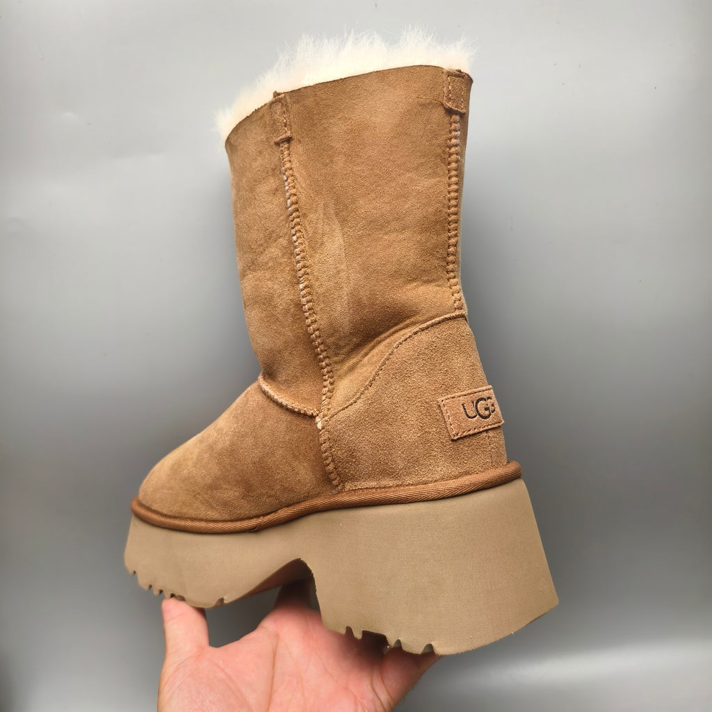 Chestnut Wedge Thick-Sole Mid-Calf Fashion Boots – In Stock
