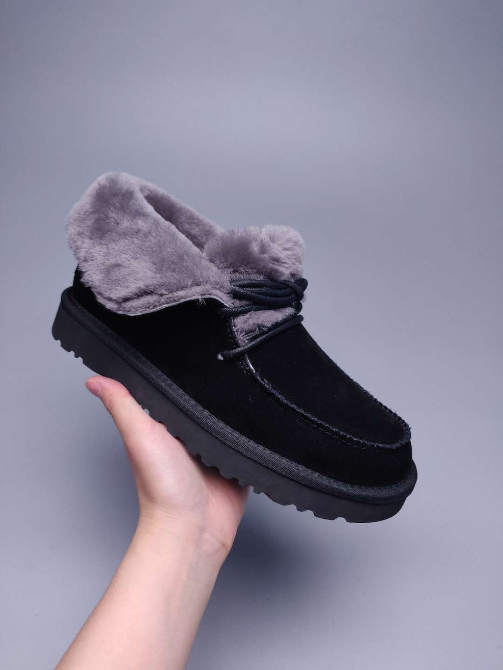 Black Faux Fur Trim Lace-Up Ankle Boots – In Stock