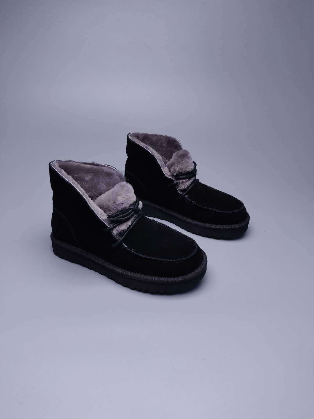 Black Faux Fur Trim Lace-Up Ankle Boots – In Stock