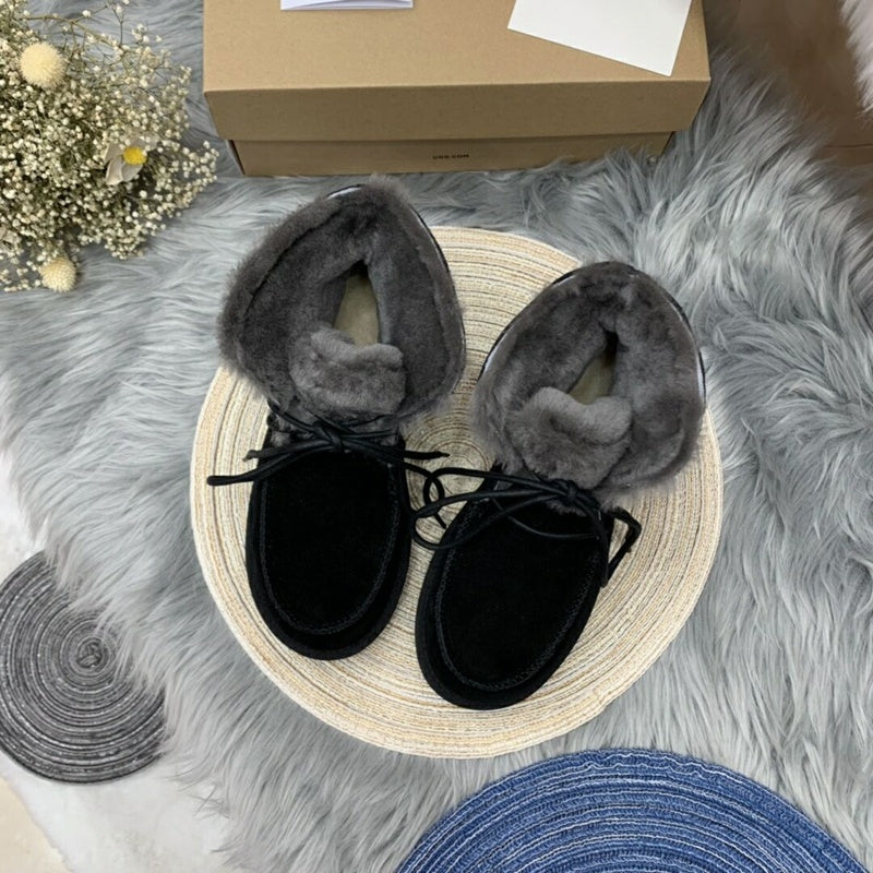 Black Faux Fur Trim Lace-Up Ankle Boots – In Stock