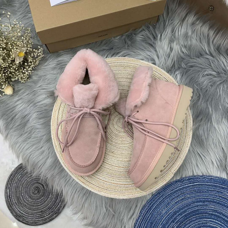 Pink Faux Fur Trim Lace-Up Ankle Boots – In Stock