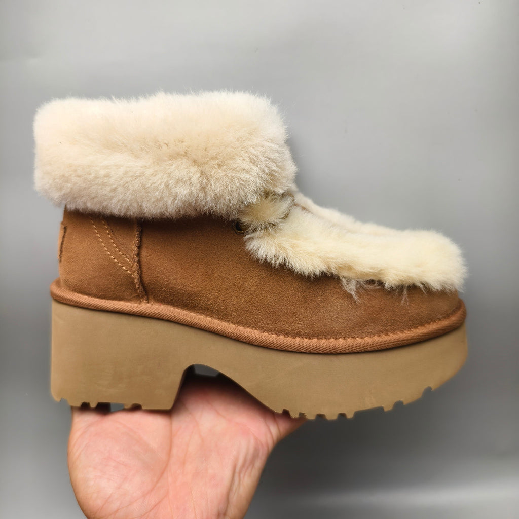 Chestnut Faux Fur Lace-Up Wedge Ankle Boots – In Stock