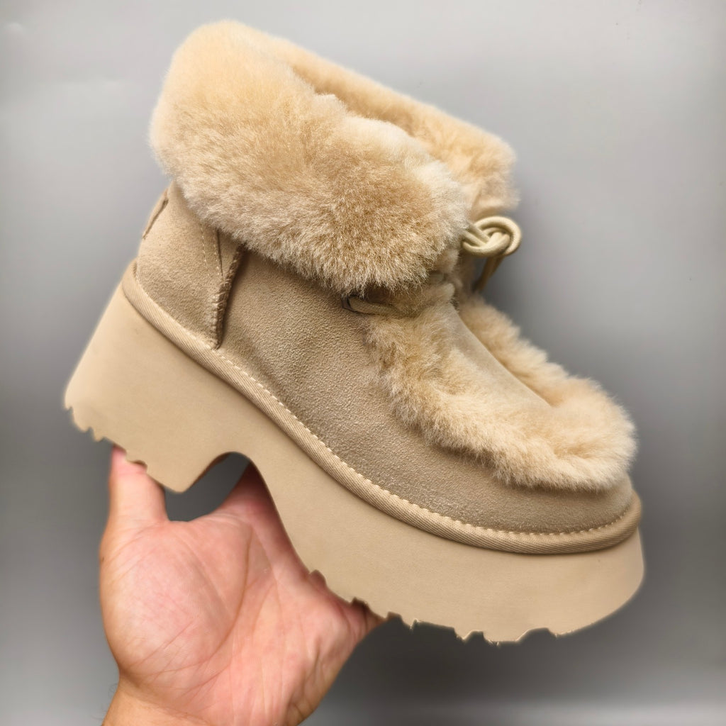 Mustard Faux Fur Lace-Up Wedge Ankle Boots – In Stock