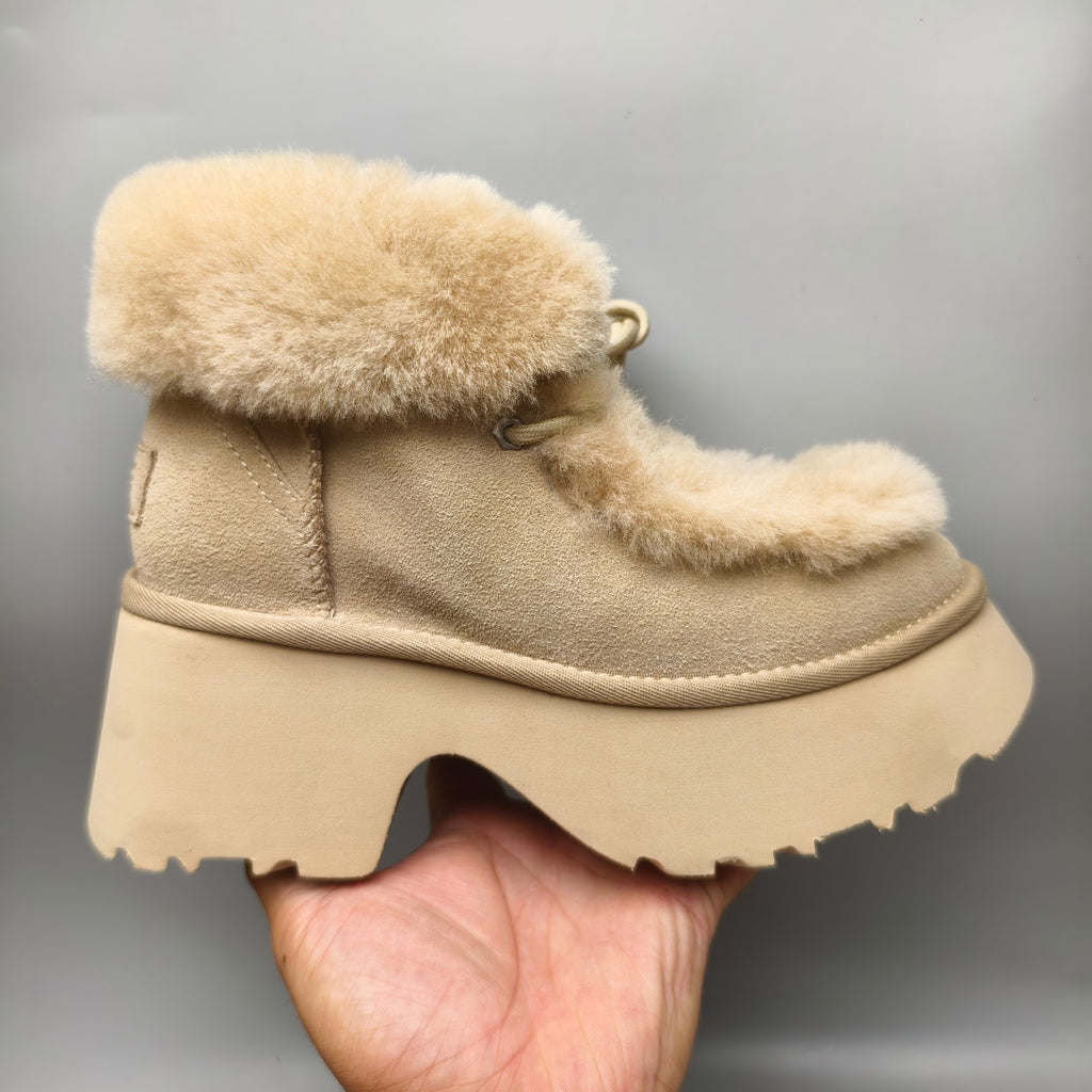 Mustard Faux Fur Lace-Up Wedge Ankle Boots – In Stock