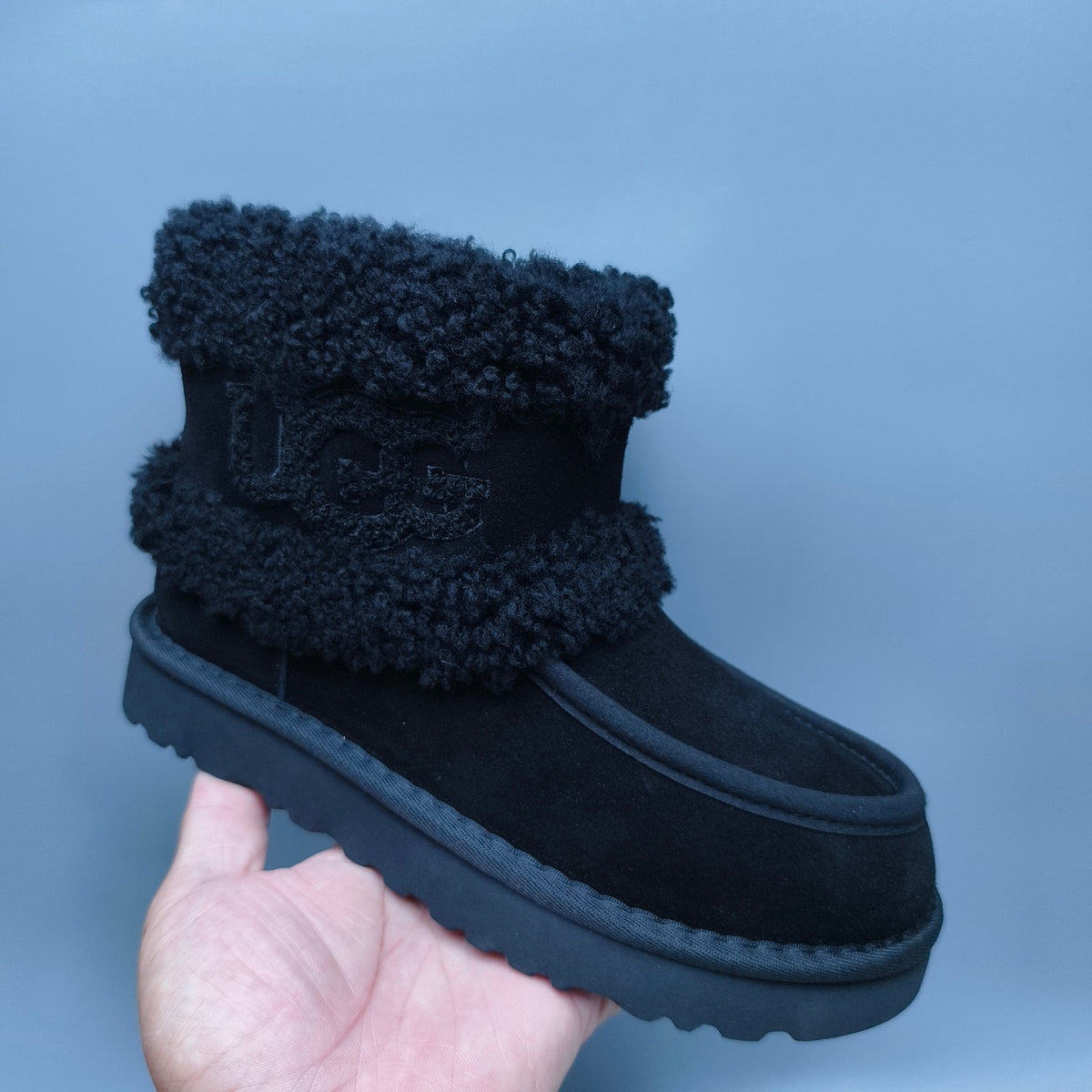 Black Curly Fur Big Logo Mid-Top Trendy Boots – In Stock