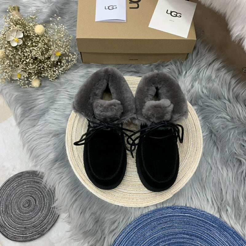 Black Faux Fur Trim Lace-Up Ankle Boots – In Stock