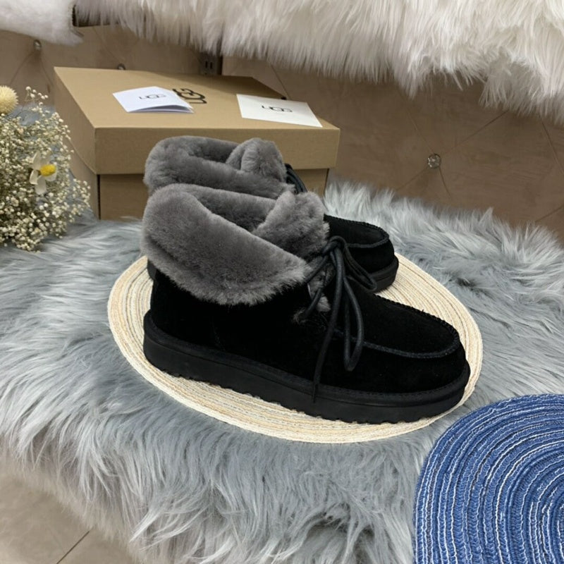 Black Faux Fur Trim Lace-Up Ankle Boots – In Stock