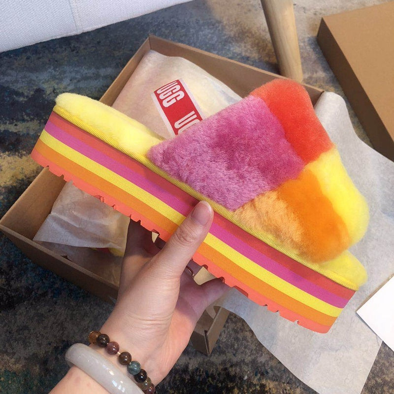 Yellow Color-Block Platform Fluffy Sandals – In Stock