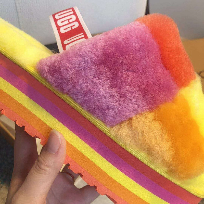 Yellow Color-Block Platform Fluffy Sandals – In Stock