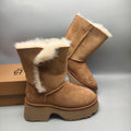Chestnut Wedge Thick-Sole Mid-Calf Fashion Boots – In Stock