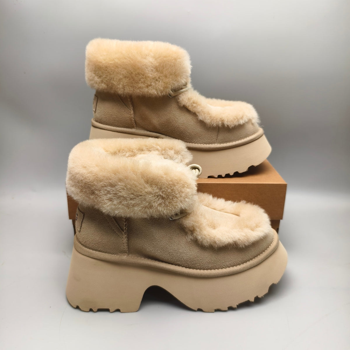 Mustard Faux Fur Lace-Up Wedge Ankle Boots – In Stock