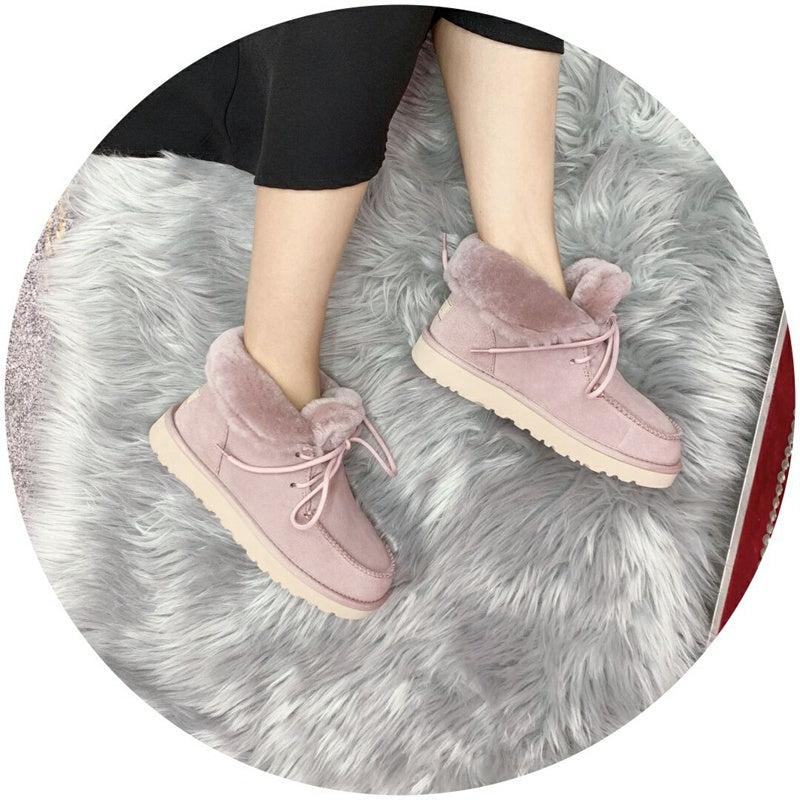 Pink Faux Fur Trim Lace-Up Ankle Boots – In Stock
