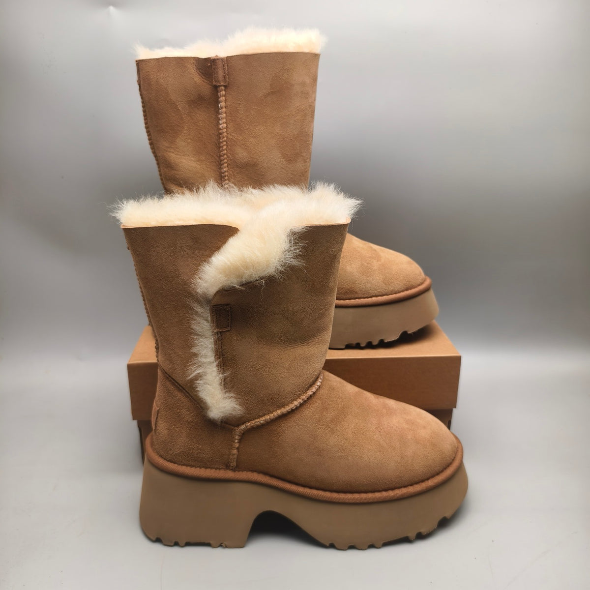 Chestnut Wedge Thick-Sole Mid-Calf Fashion Boots – In Stock