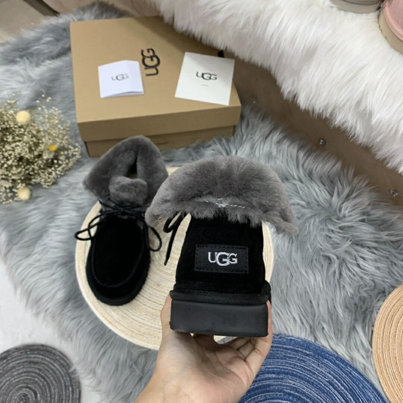 Black Faux Fur Trim Lace-Up Ankle Boots – In Stock