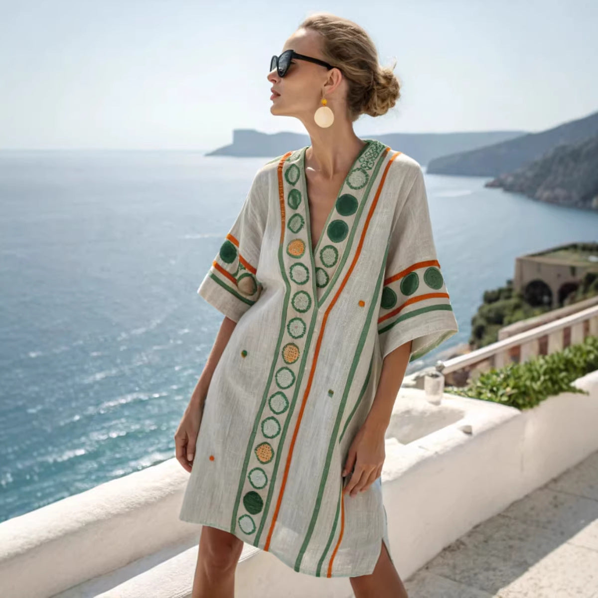 Women's Boho Geometric-Print V-Neck Asymmetric Kaftan Dress