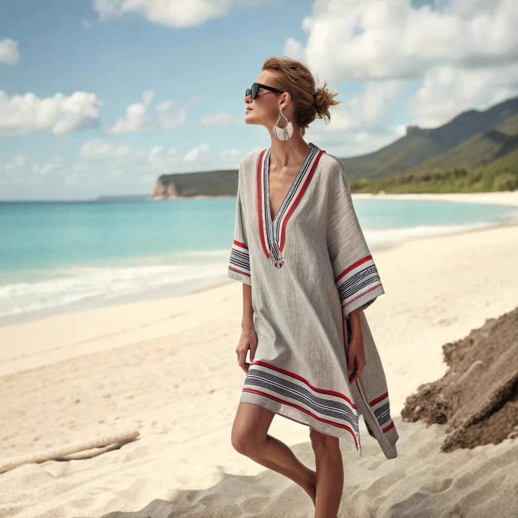Women's Boho Geometric-Print V-Neck Asymmetric Kaftan Dress