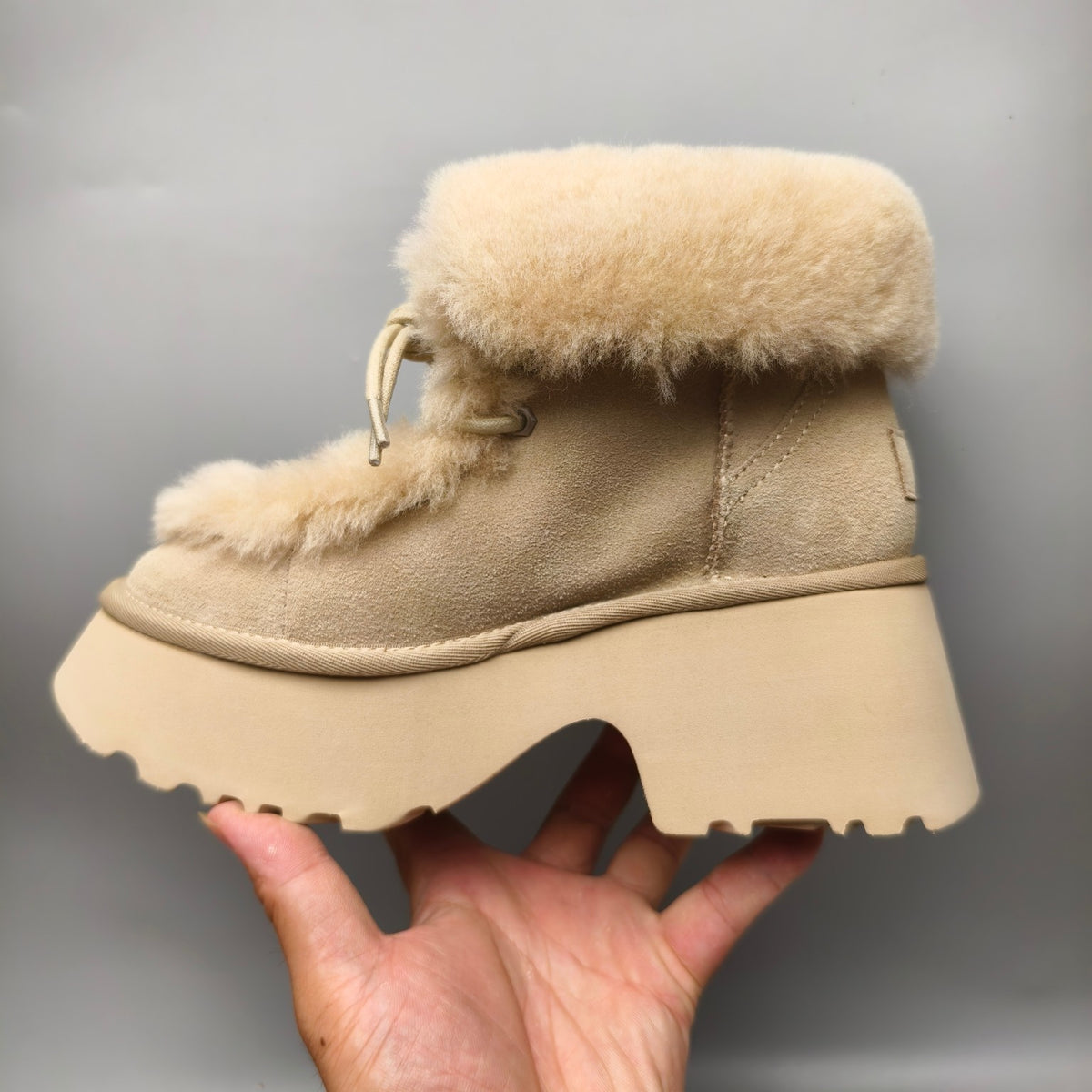 Mustard Faux Fur Lace-Up Wedge Ankle Boots – In Stock