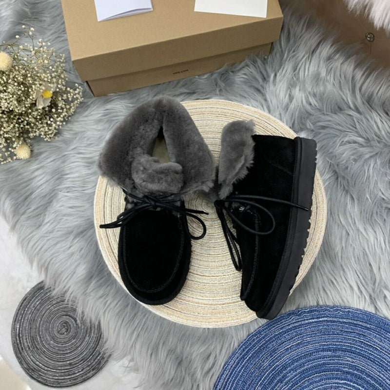 Black Faux Fur Trim Lace-Up Ankle Boots – In Stock