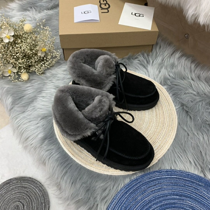 Black Faux Fur Trim Lace-Up Ankle Boots – In Stock