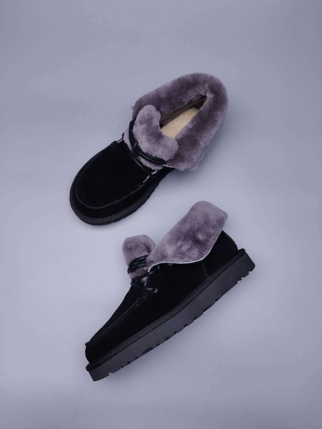 Black Faux Fur Trim Lace-Up Ankle Boots – In Stock