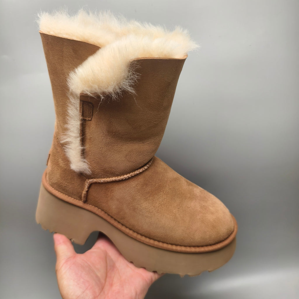 Chestnut Wedge Thick-Sole Mid-Calf Fashion Boots – In Stock