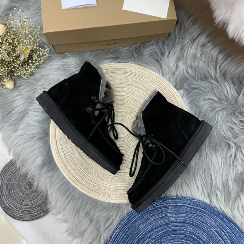 Black Faux Fur Trim Lace-Up Ankle Boots – In Stock
