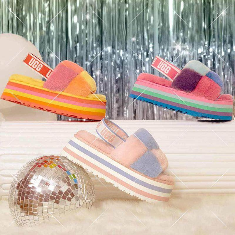 Yellow Color-Block Platform Fluffy Sandals – In Stock