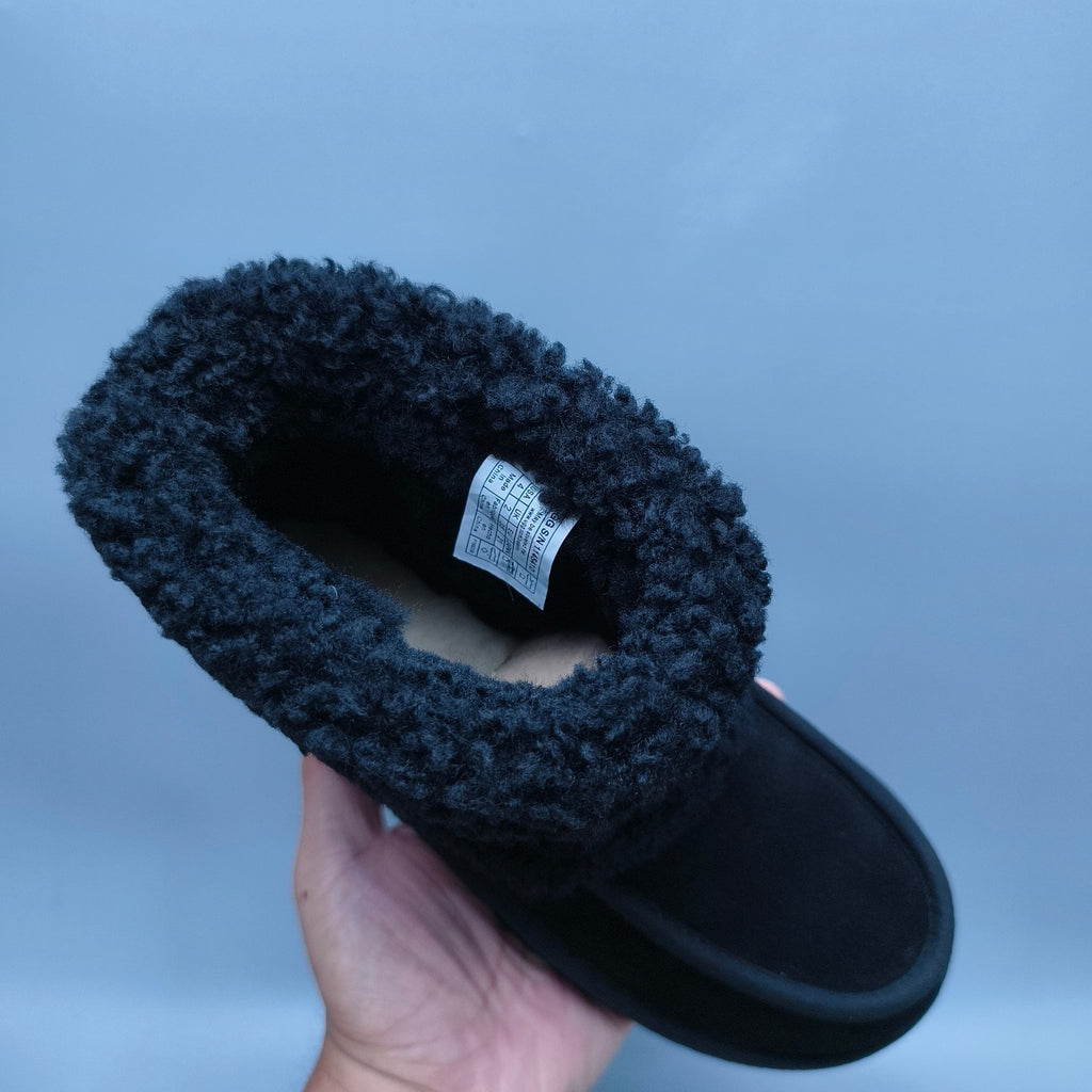 Black Curly Fur Big Logo Mid-Top Trendy Boots – In Stock