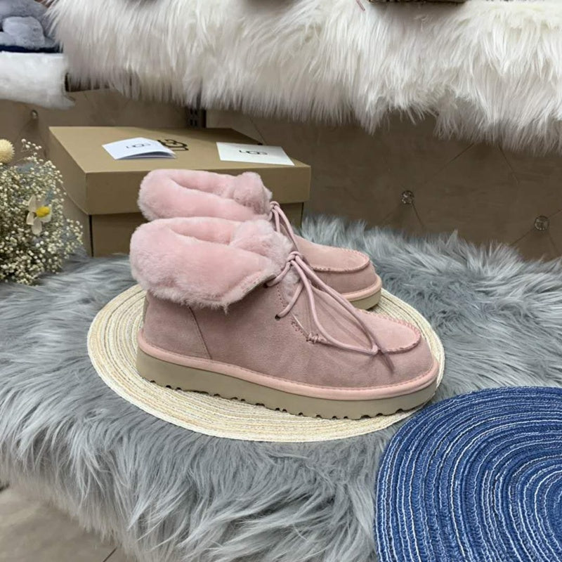 Pink Faux Fur Trim Lace-Up Ankle Boots – In Stock