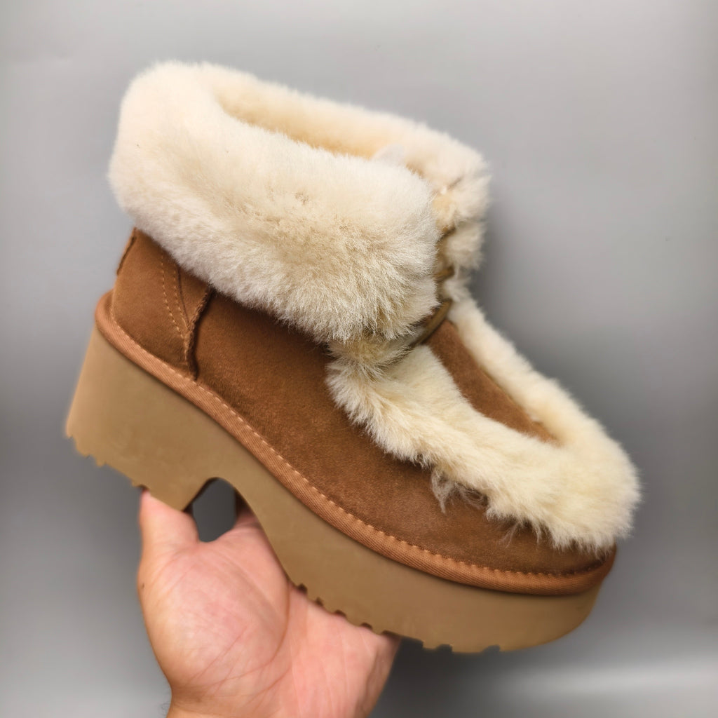 Chestnut Faux Fur Lace-Up Wedge Ankle Boots – In Stock