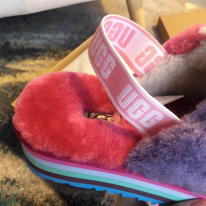 Rose Red Color-Block Platform Fluffy Sandals – In Stock