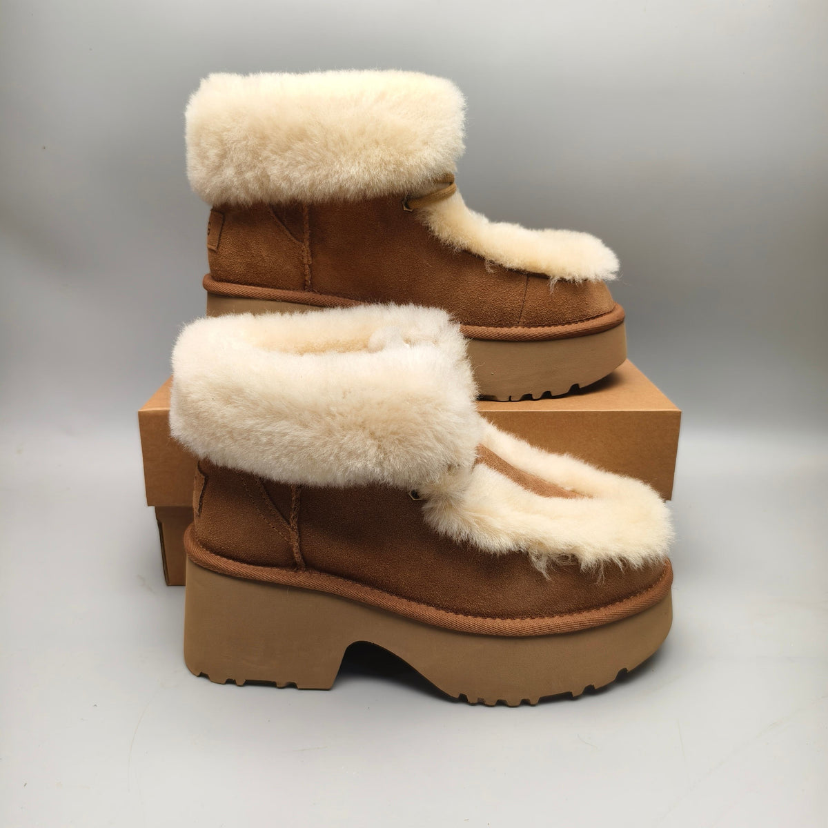 Chestnut Faux Fur Lace-Up Wedge Ankle Boots – In Stock