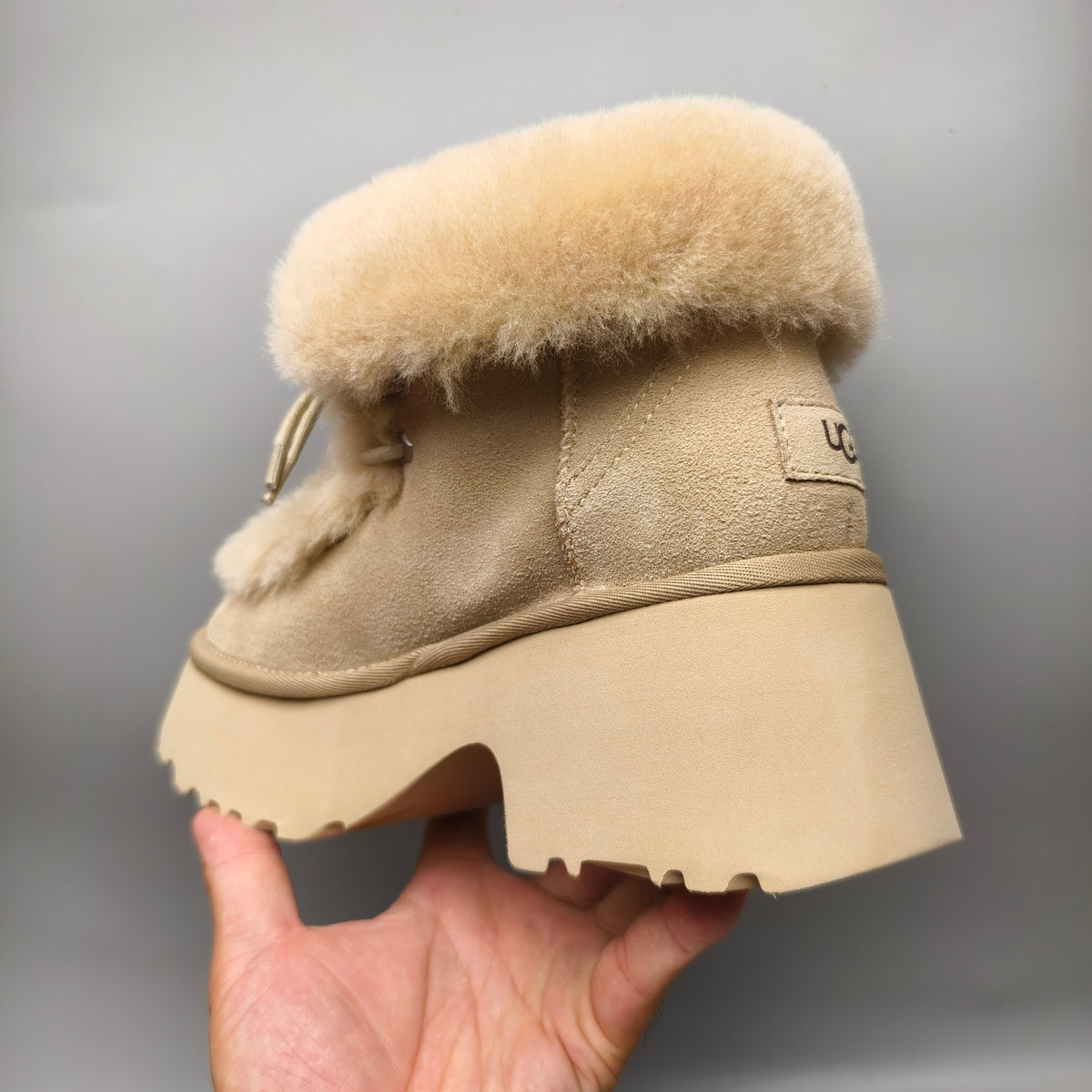 Mustard Faux Fur Lace-Up Wedge Ankle Boots – In Stock