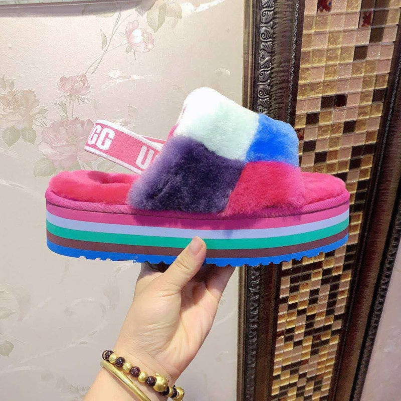 Rose Red Color-Block Platform Fluffy Sandals – In Stock