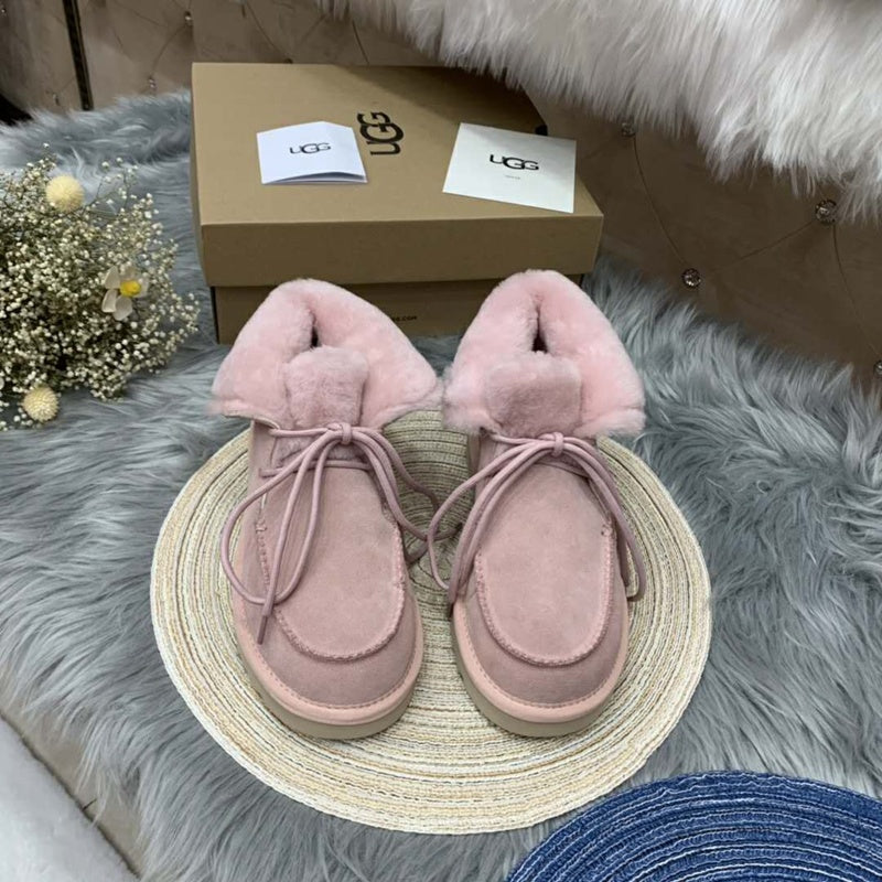 Pink Faux Fur Trim Lace-Up Ankle Boots – In Stock