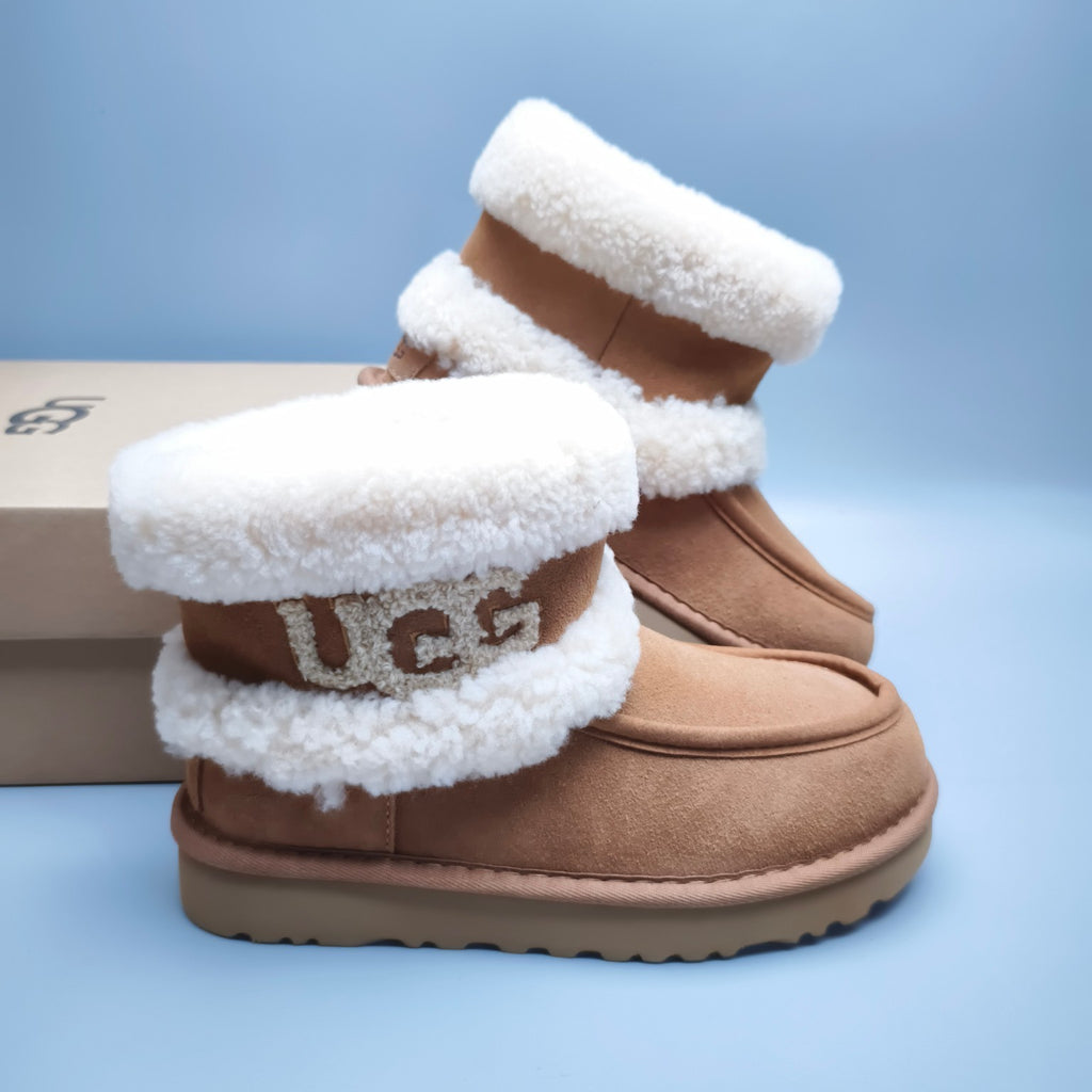 Chestnut Curly Fur Big Logo Mid-Top Trendy Boots – In Stock