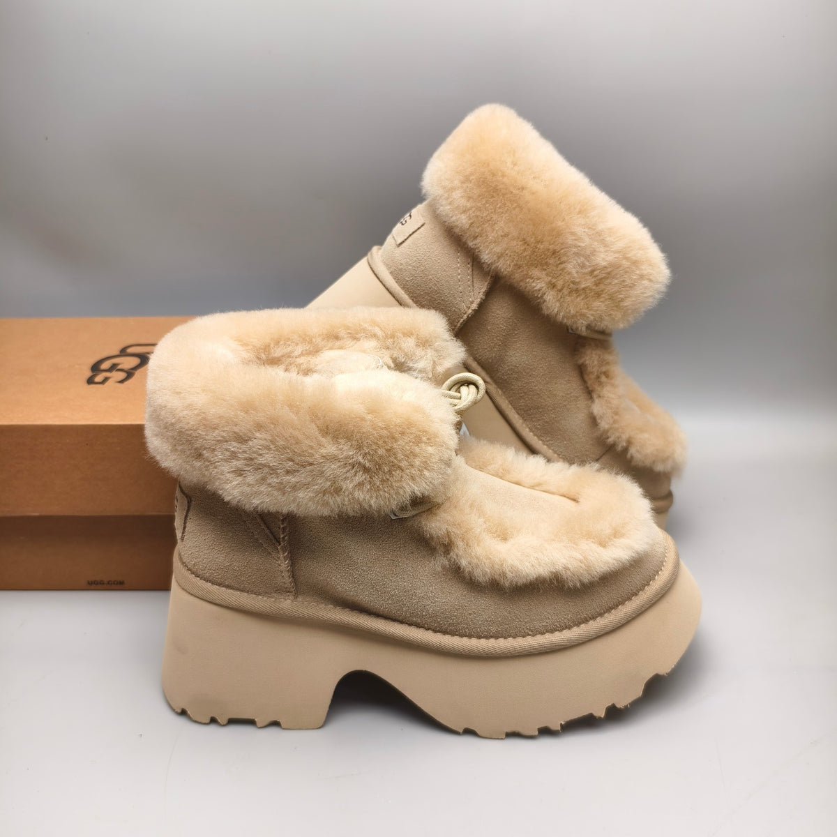 Mustard Faux Fur Lace-Up Wedge Ankle Boots – In Stock