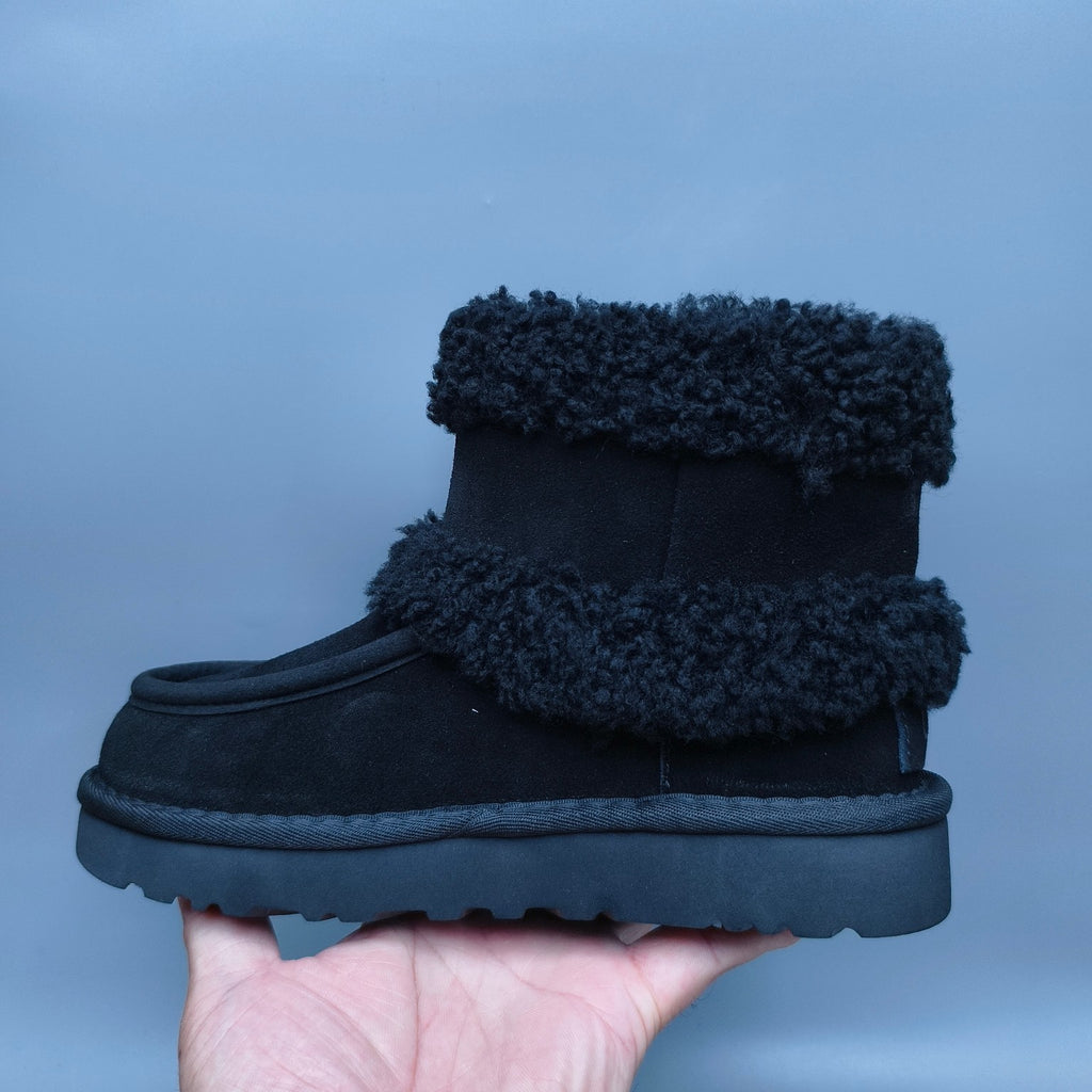 Black Curly Fur Big Logo Mid-Top Trendy Boots – In Stock