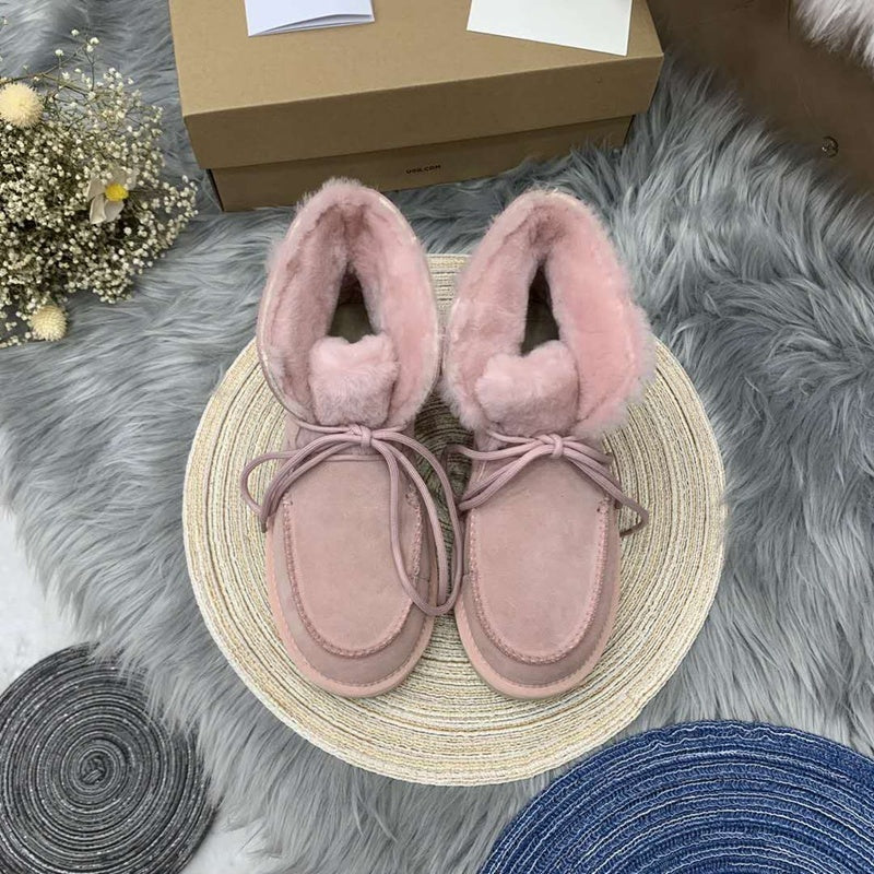 Pink Faux Fur Trim Lace-Up Ankle Boots – In Stock